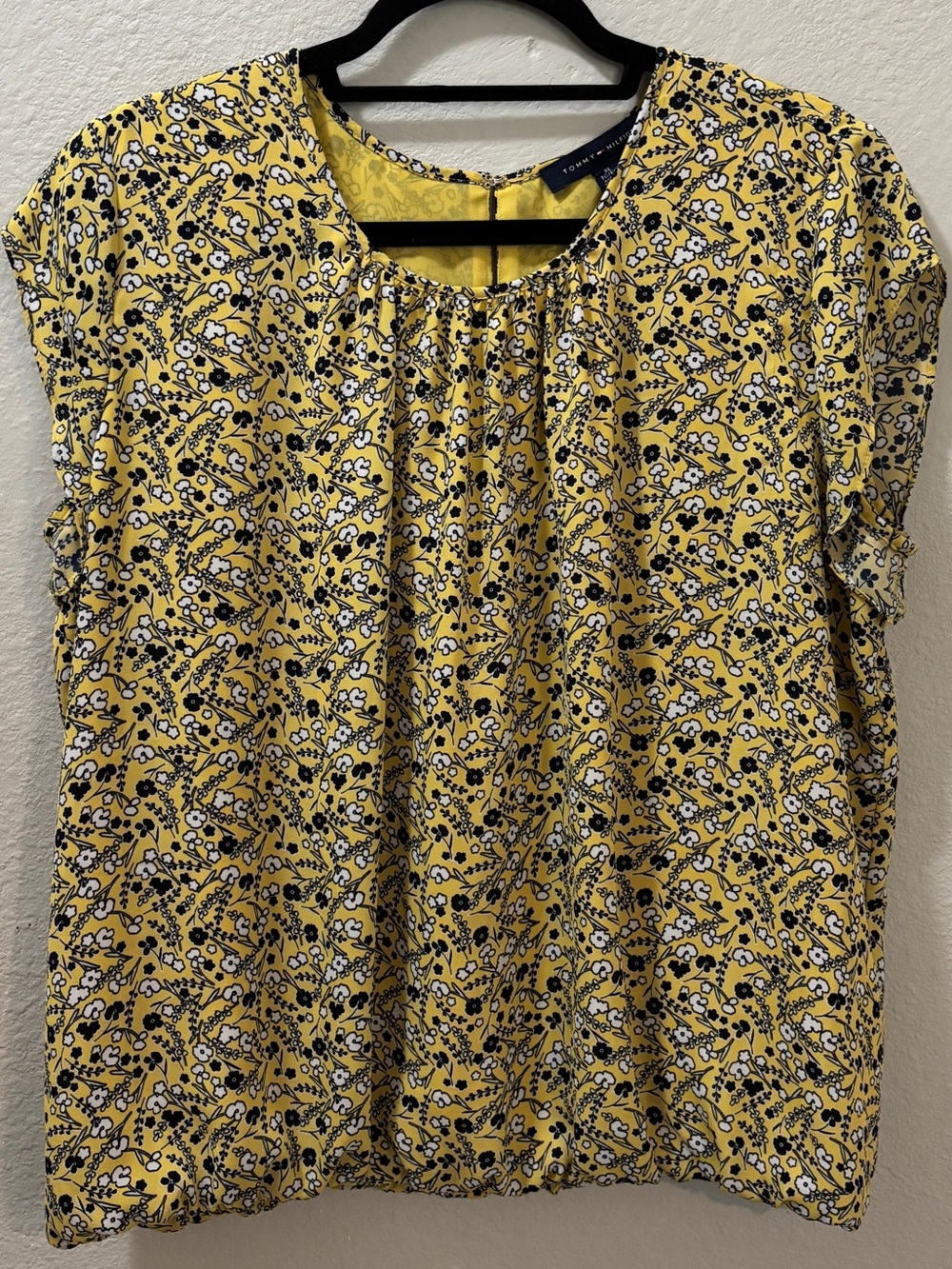 Tommy Hilfiger Yellow Ditsy Floral Elastic Hem Short Sleeve Blouse Size XL
